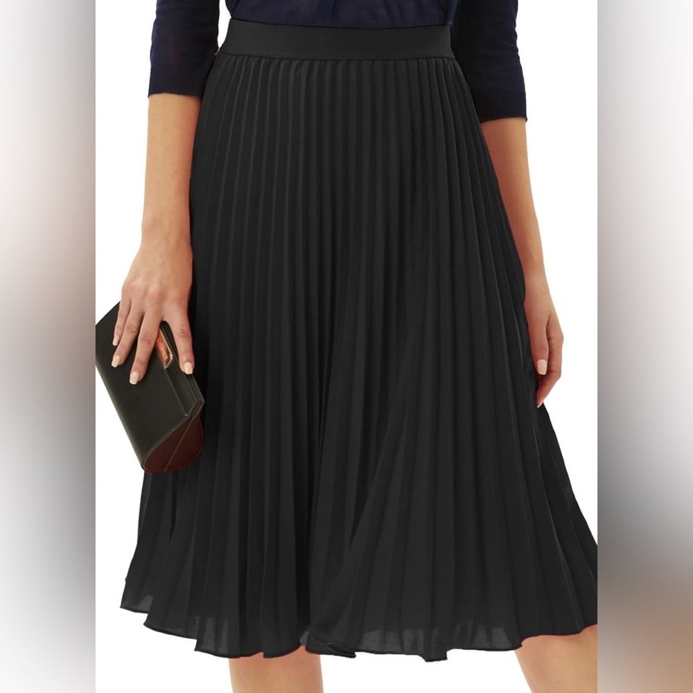 Grace Karin Pleated Black Chiffon Midi Skirt Elastic Waist Swing A-Line size M - Picture 5 of 7